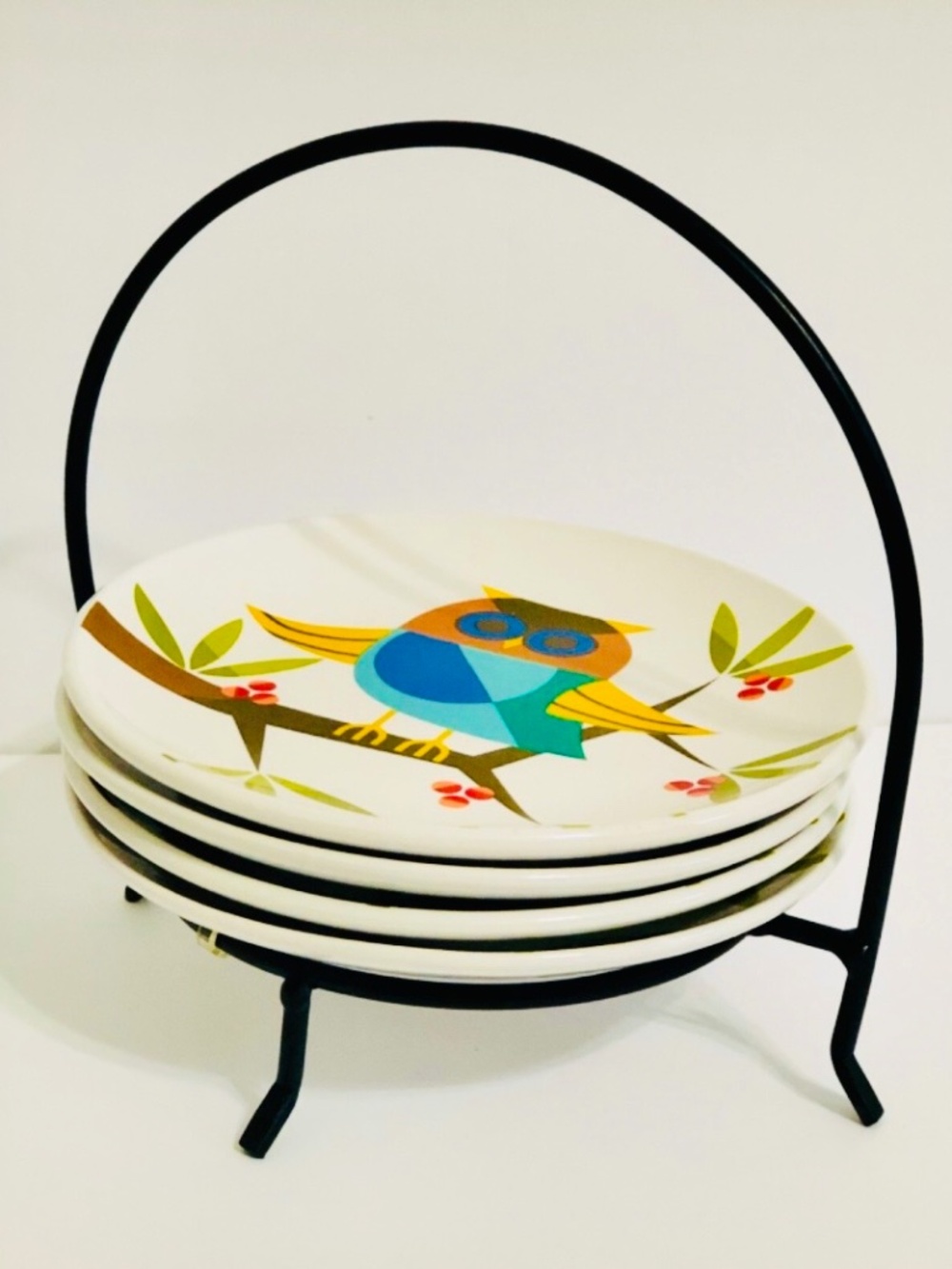 Signature Housewares Room Creative Turquoise Owl Dessert Plates with Metal Stand